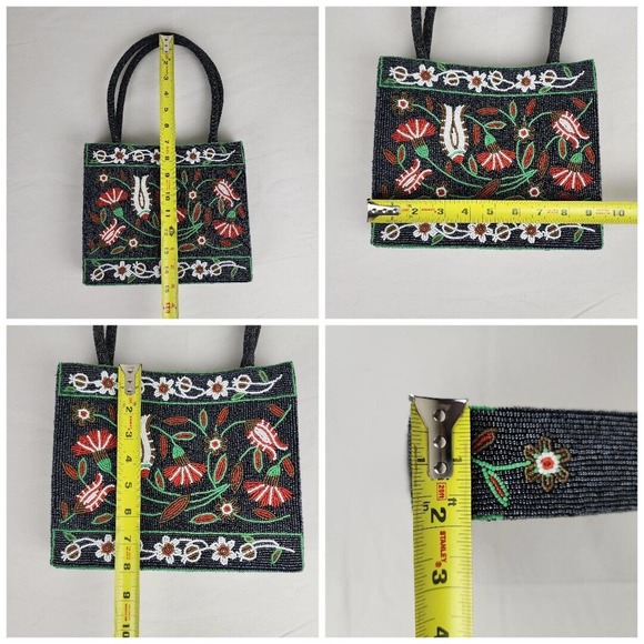 Vintage Handbag Glass Seed Beaded Floral Purse Black Red Flower Vietnamese - Picture 2 of 11